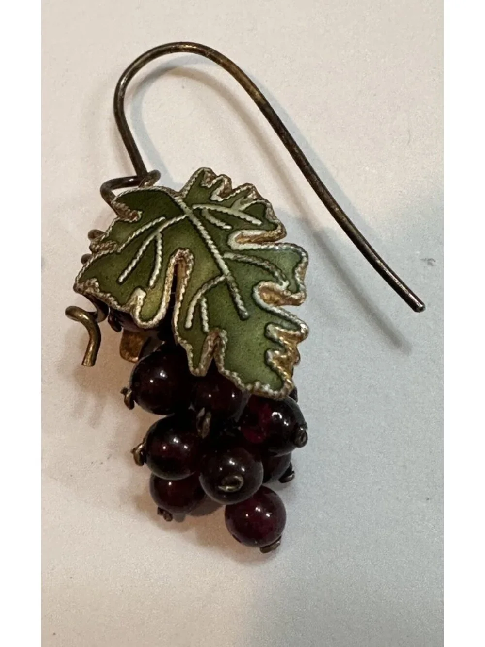 Bohemian Garnet Bead Grape Cluster Guilloche Enamel Brass Leaf Earrings
